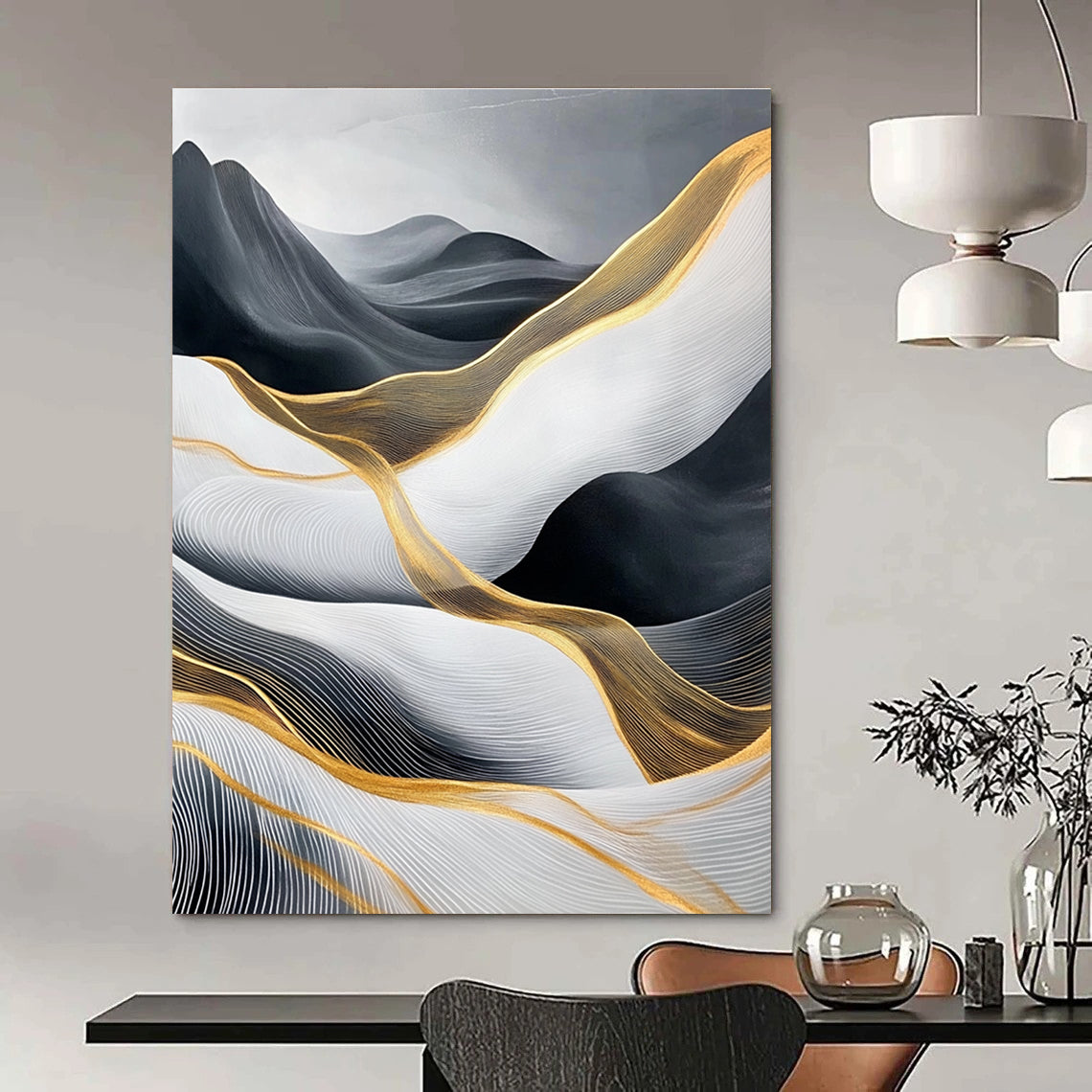 Black, White, and Gold Abstract Waves for Opulent Living Room & High - End Hotel Lobby STSC358