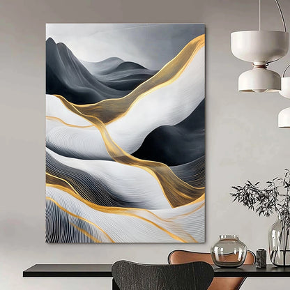 Black, White, and Gold Abstract Waves for Opulent Living Room & High - End Hotel Lobby STSC358