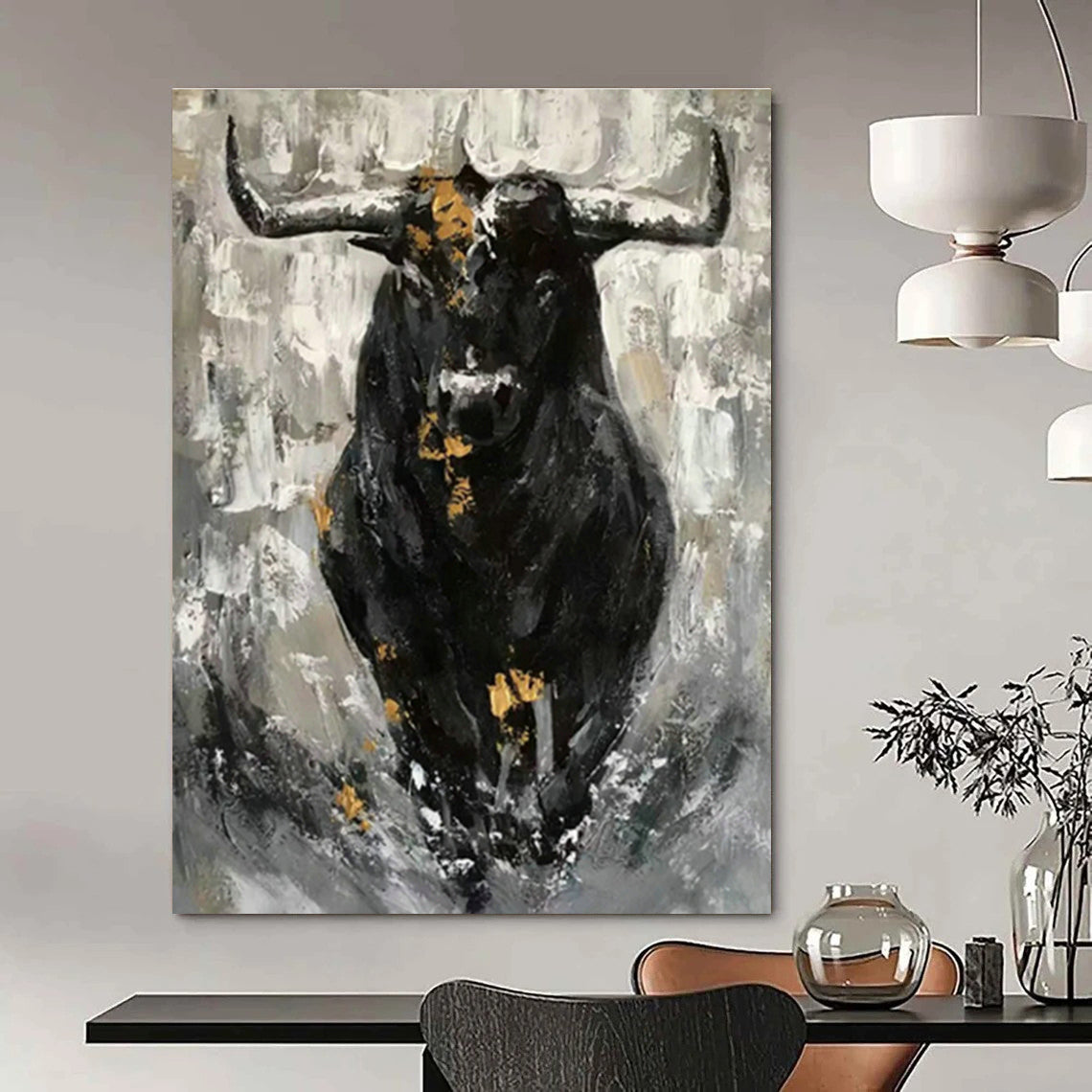 Black - Gold Bull Oil Painting for Living Room & Office DLZ0535