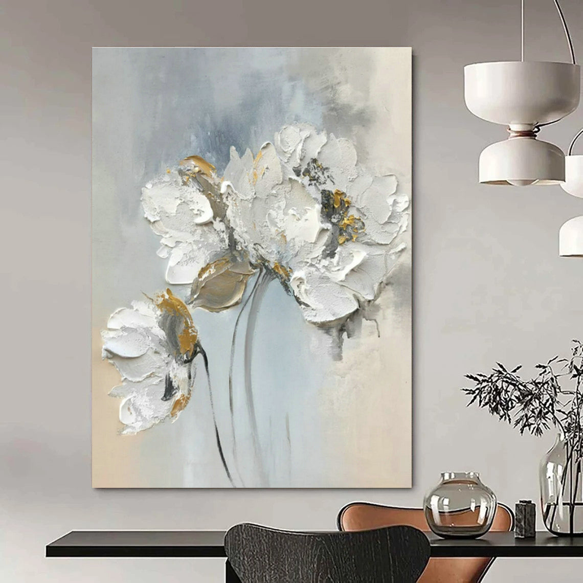 Gray - White Floral Oil Painting for Elegant Bedroom & High - End Boutique DLZ1588