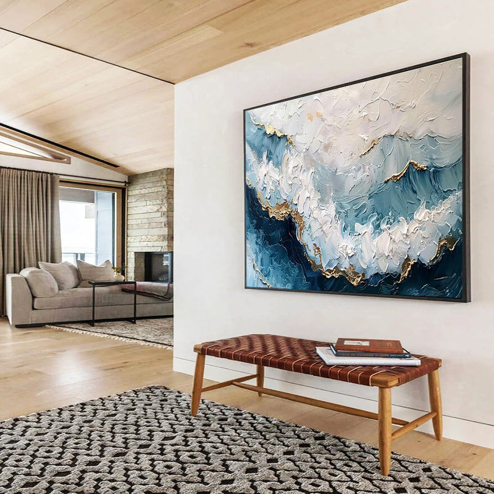 Blue - Gold Ocean Wave Abstract Art for Relaxing Bathroom DLZ2731