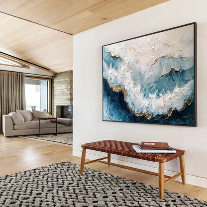 Blue - Gold Ocean Wave Abstract Art for Relaxing Bathroom DLZ2731