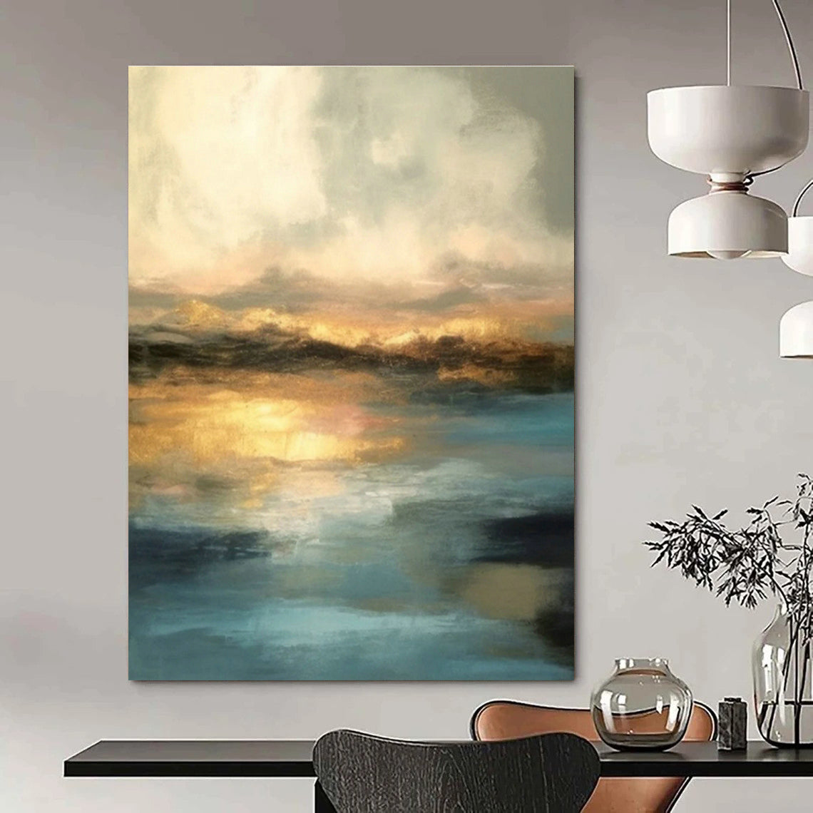 Gold - Blue Water Reflection Abstract Art for Living Room & Bedroom DLZ0446