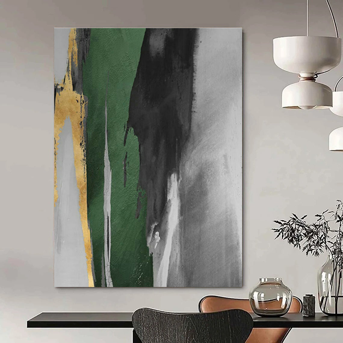 Gold, Green, and Gray Abstract Art for Office Reception & Modern Dining Room DLZ1205