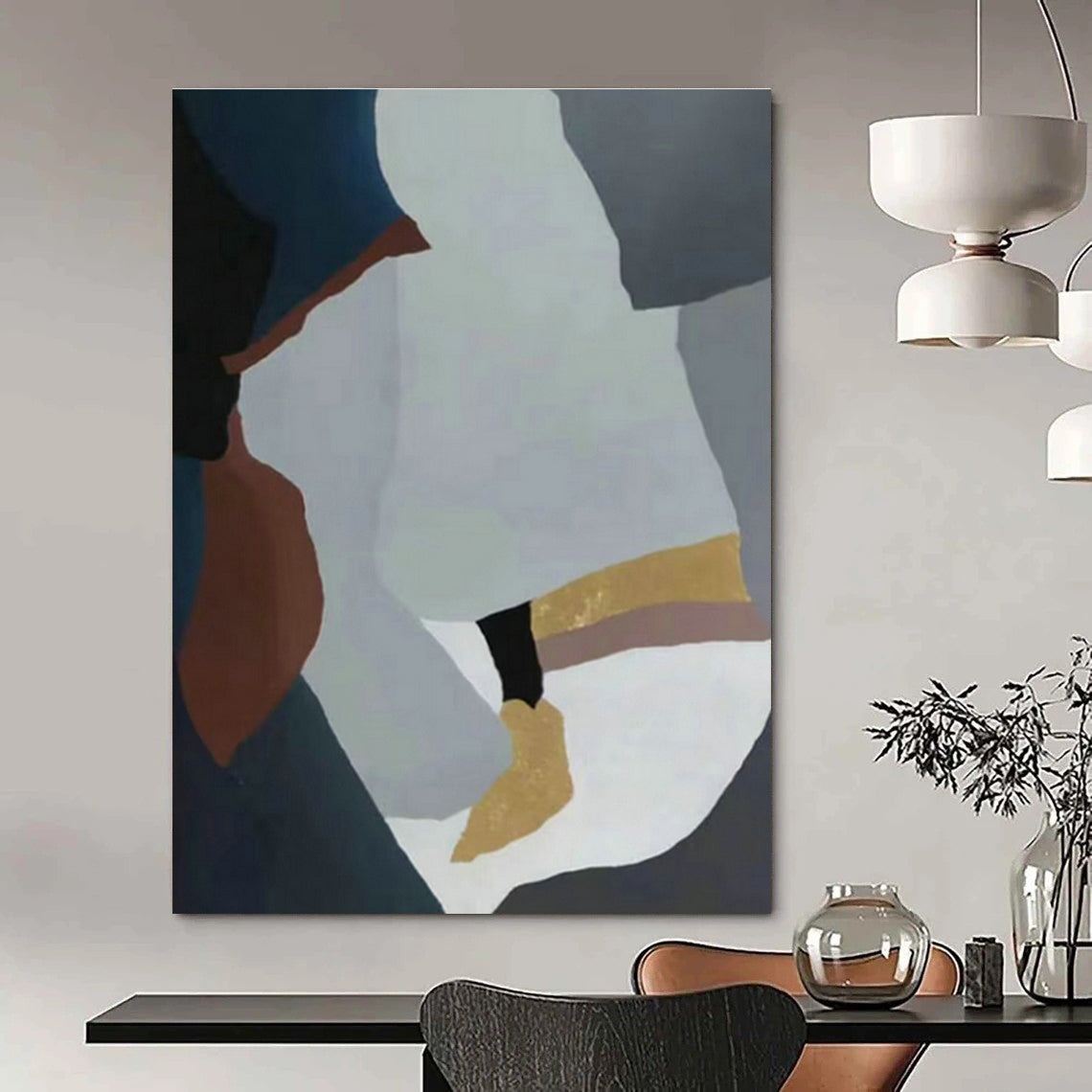 Geometric Abstract Art with Gray, Blue, Gold & Brown for Office Building & Home Entrance DLZ0565