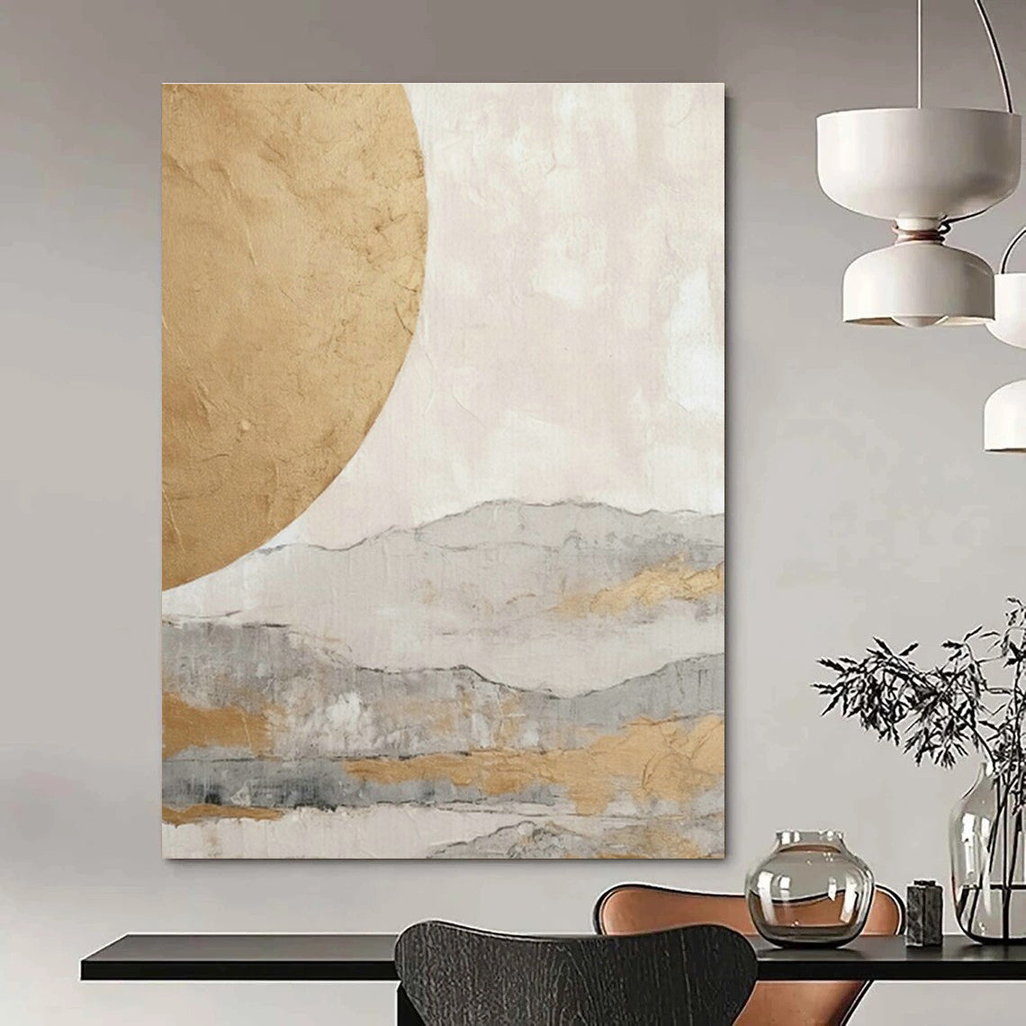 Gold Moon and Mountain Abstract Art for Zen - Inspired Spa & Asian - Inspired Home Living Room DLZ1625