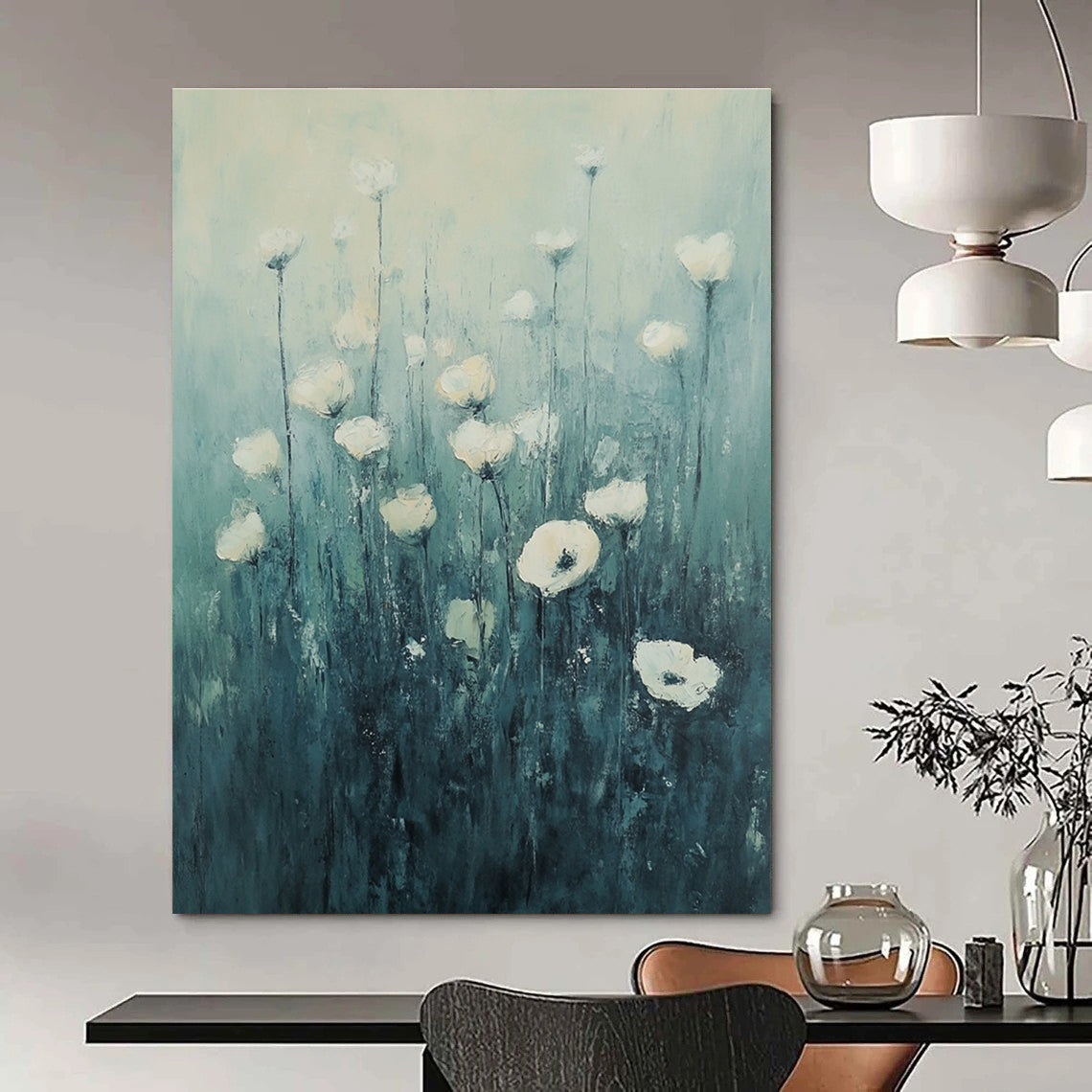 White Flowers in Teal for Serene Bedroom & Spa Lounge STSC1150