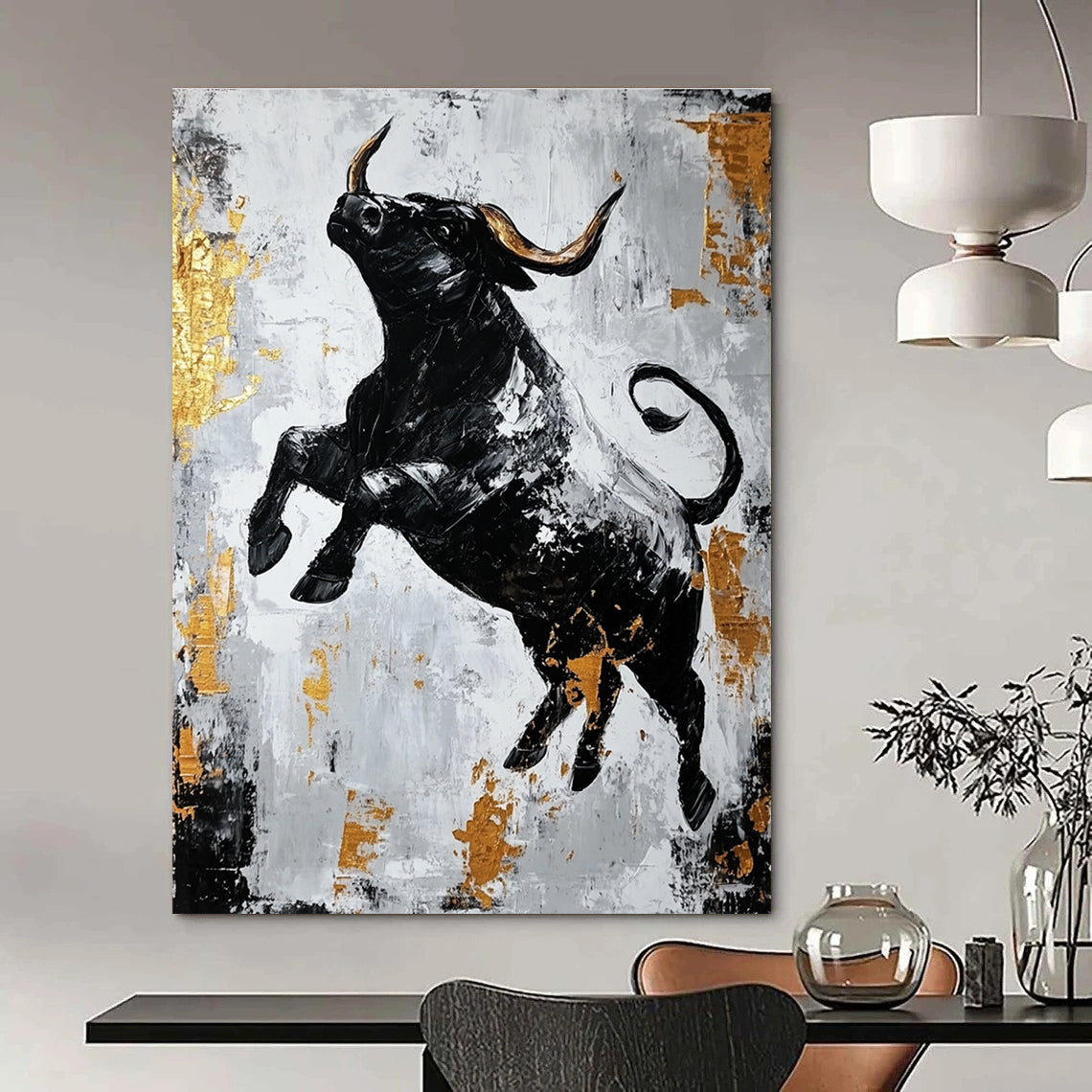 Black Bull with Gold Accents for Luxury Financial Office & Bold Art - Lovers’ Home STSC913