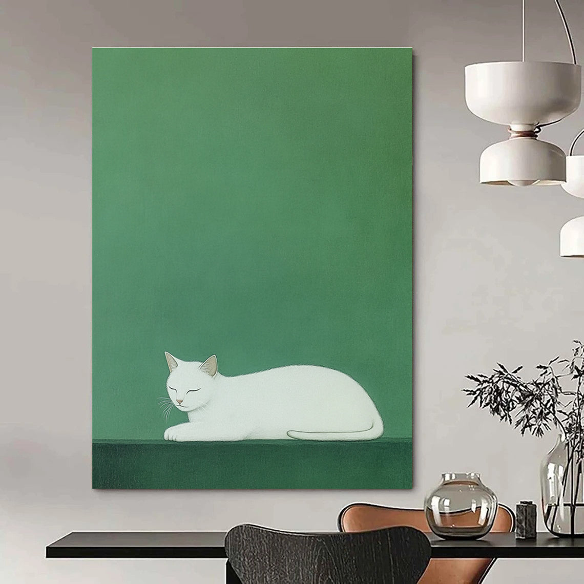 Sleeping White Cat Minimalist Pet Art for Scandinavian - Style Home & Calm Home Library STSC1473