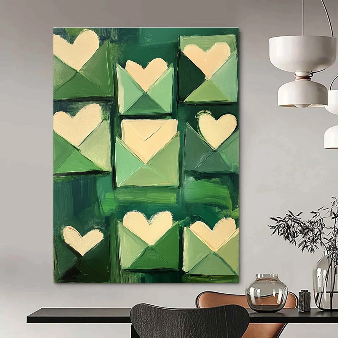 Green Envelopes with Hearts Art for Wedding Planner’s Studio & Romantic Home Entryway STSC1391