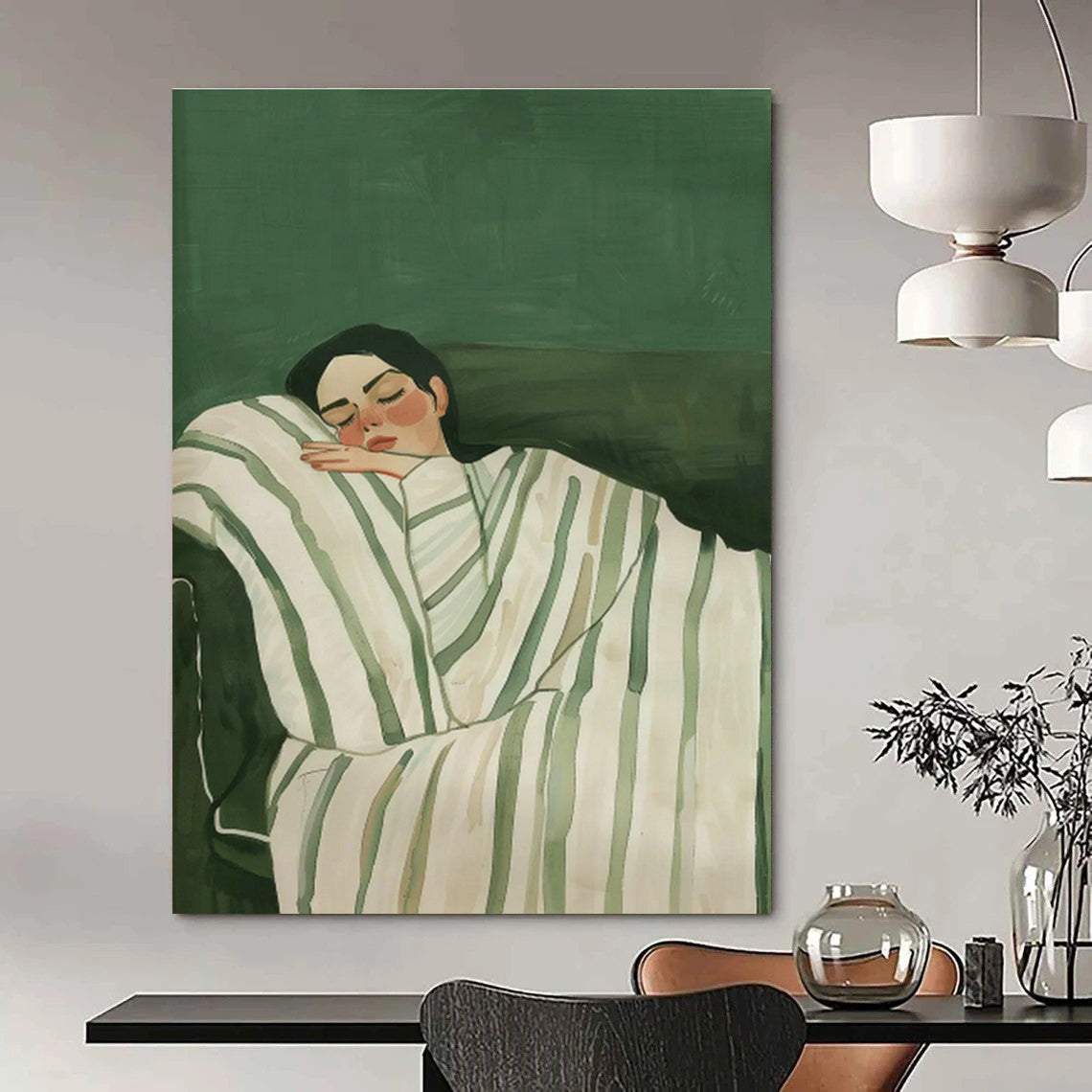Sleeping Woman on Green Background Art for Feminine Bedroom & Self - Care Space DLZ0686