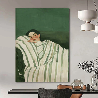 Sleeping Woman on Green Background Art for Feminine Bedroom & Self - Care Space DLZ0686