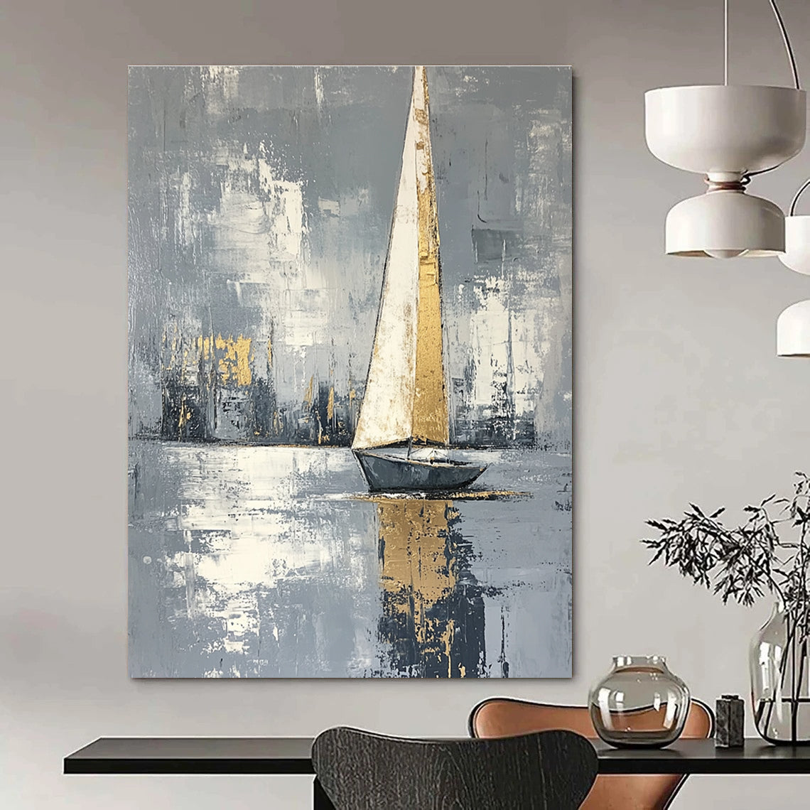 Golden Sailboat on Gray Water Art for Modern Coastal Office & Elegant Home Library STSC1420