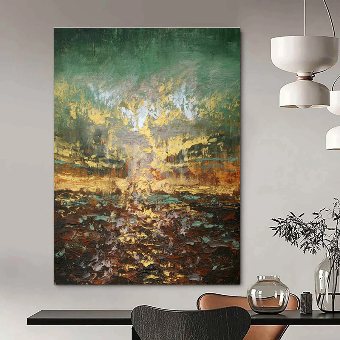 Green - Gold Landscape Abstract Art for Living Room & Garden Room DLZ0448