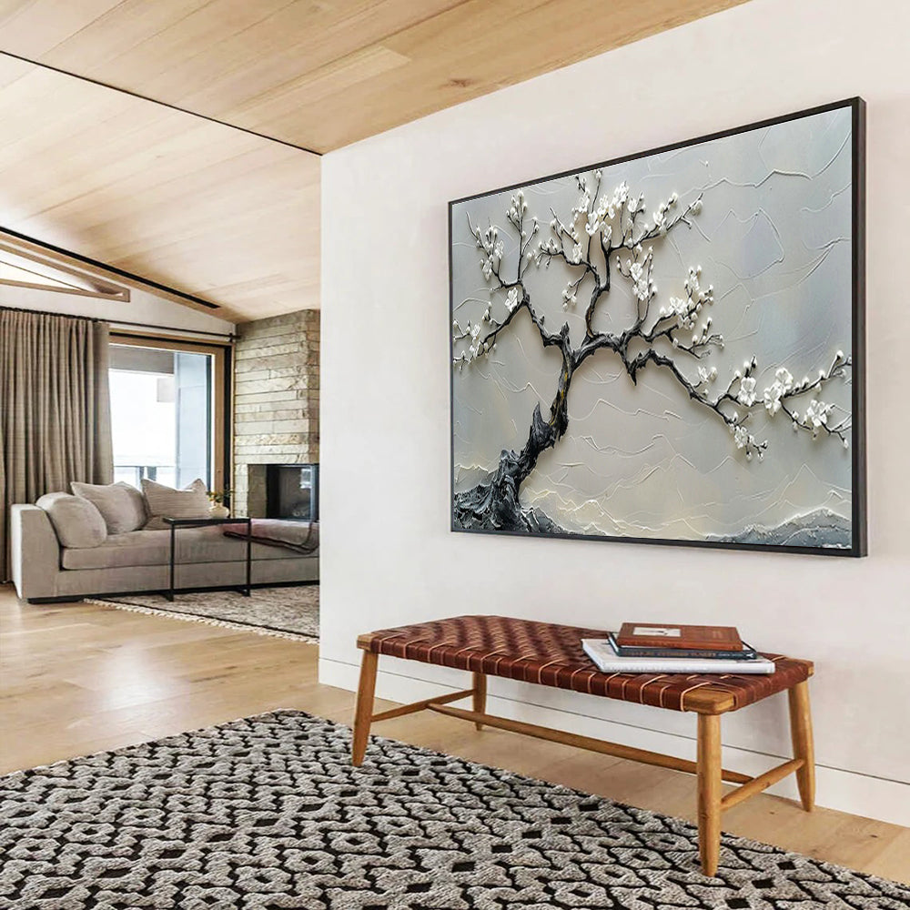 Textured White Blossom Tree Relief Art for Zen - Inspired Entryways DLZ3079