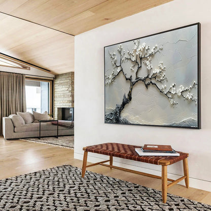 Textured White Blossom Tree Relief Art for Zen - Inspired Entryways DLZ3079