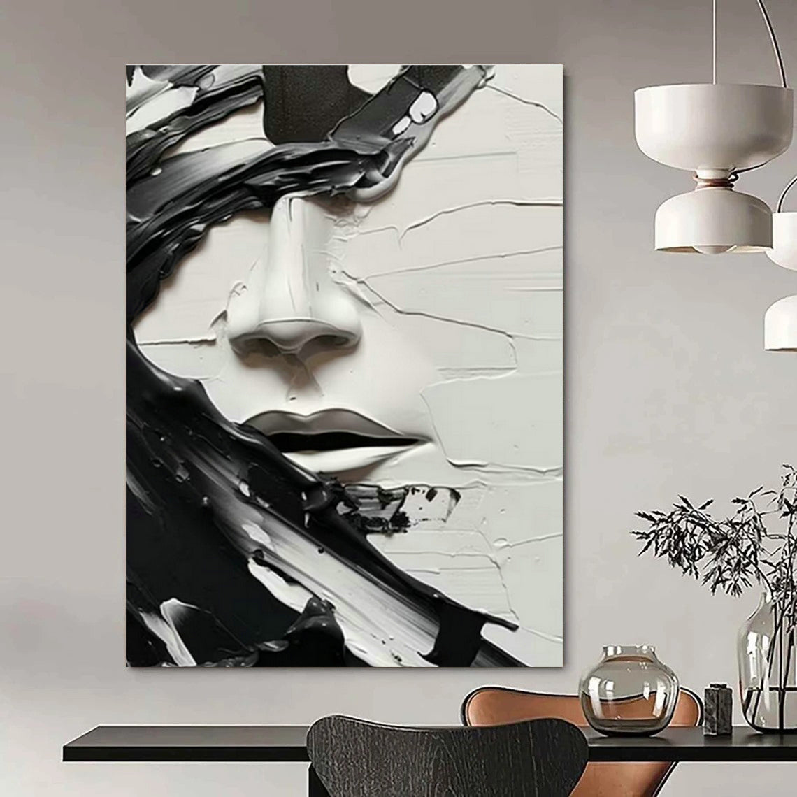 Textured Black and White Face Art for Contemporary Art Museum & Industrial - Chic Loft Apartment DLZ1548