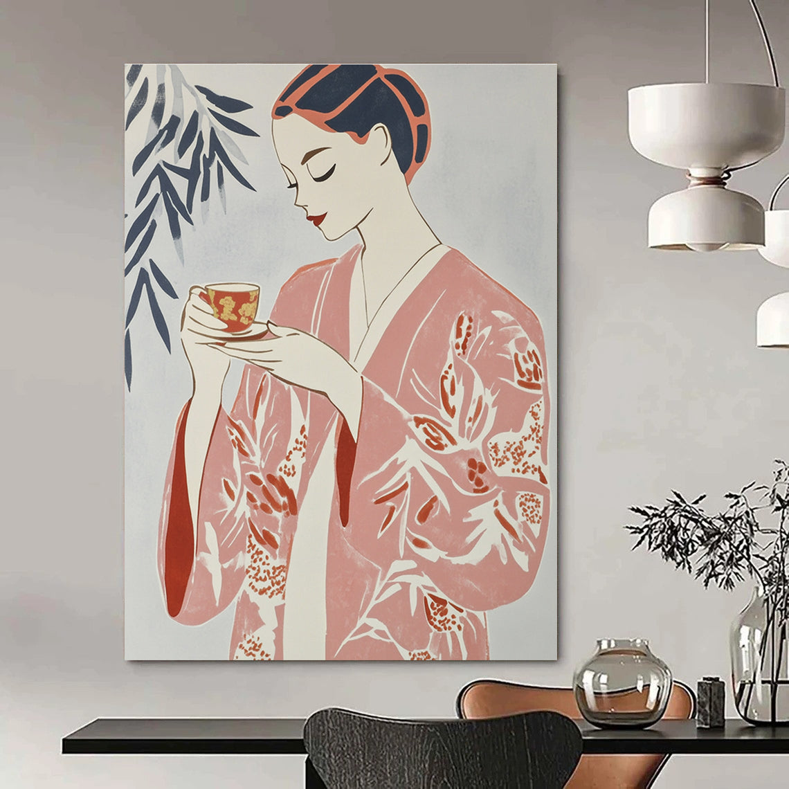 Woman in Pink Kimono Art for Japanese - Inspired Tea House & Minimalist Living Room STSC1314