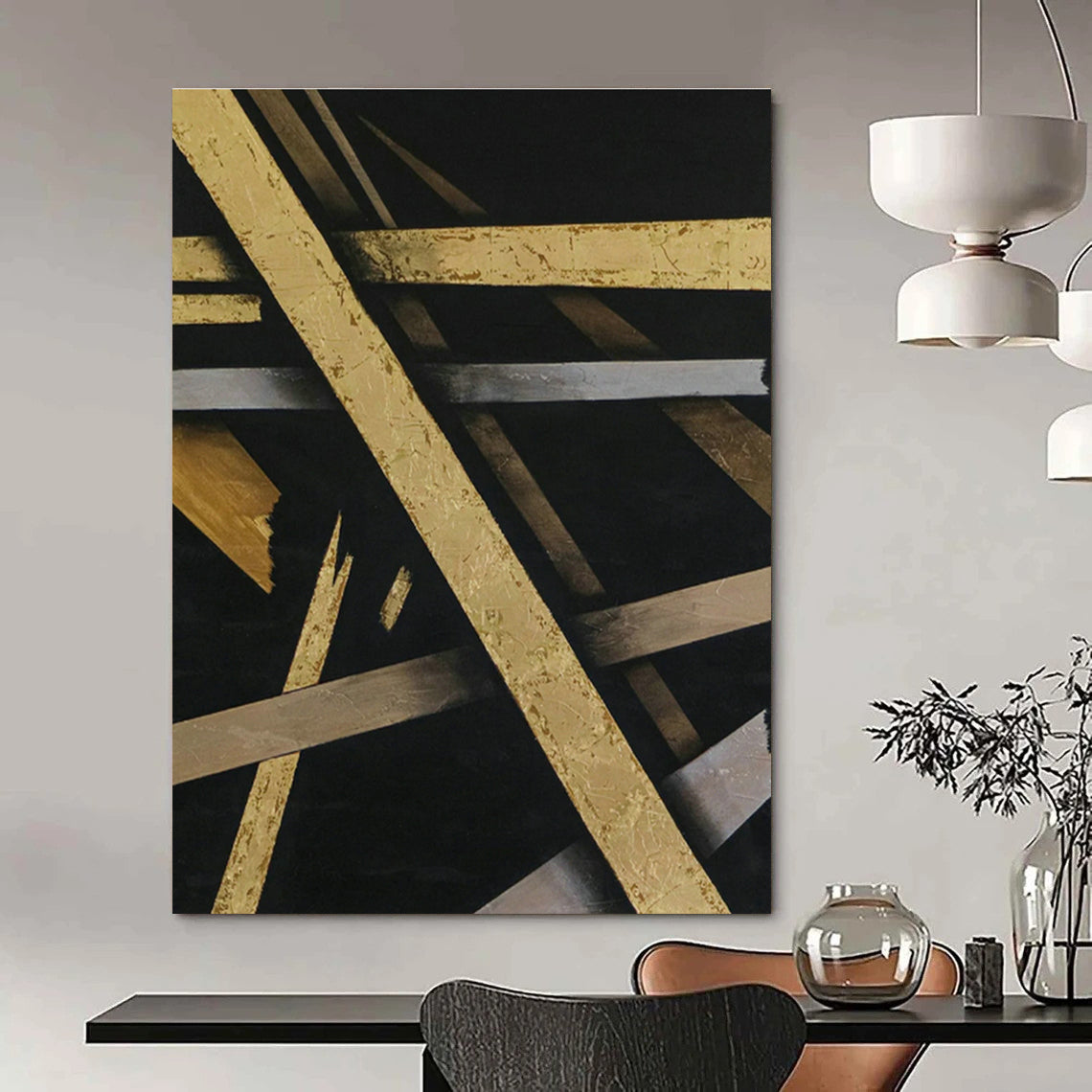 Black & Gold Intertwined Abstract Art for Luxury Hotel Lobby & Home Dining Room DLZ1101