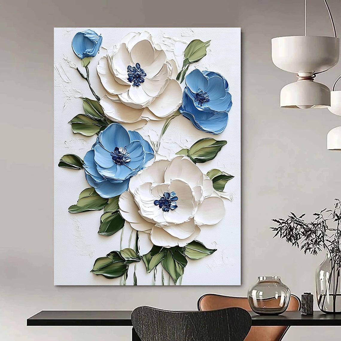 3D Blue and White Flowers Floral Art for Cottage - Style Bedroom & Garden - Themed Café STSC1471