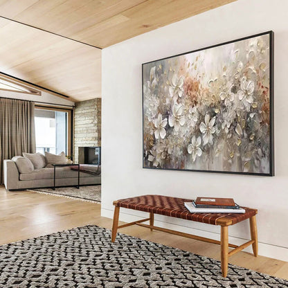 White - Gold Floral Oil Painting for Elegant Bedroom Wall Decor DLZ2643