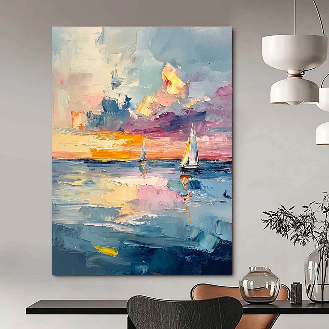 Impressionistic Seaside Sunset for Coastal Home Dining Room & Relaxing Beachfront Hotel STSC973