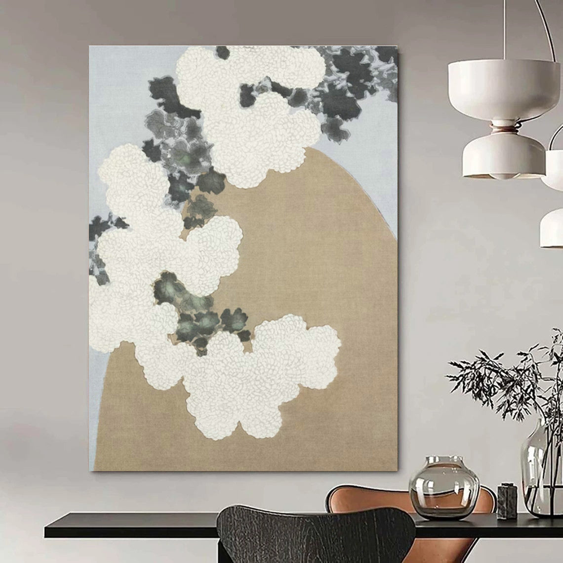 Oriental - Style White Chrysanthemum Art for Japanese Tea House & Minimalist Home Corridor DLZ1630