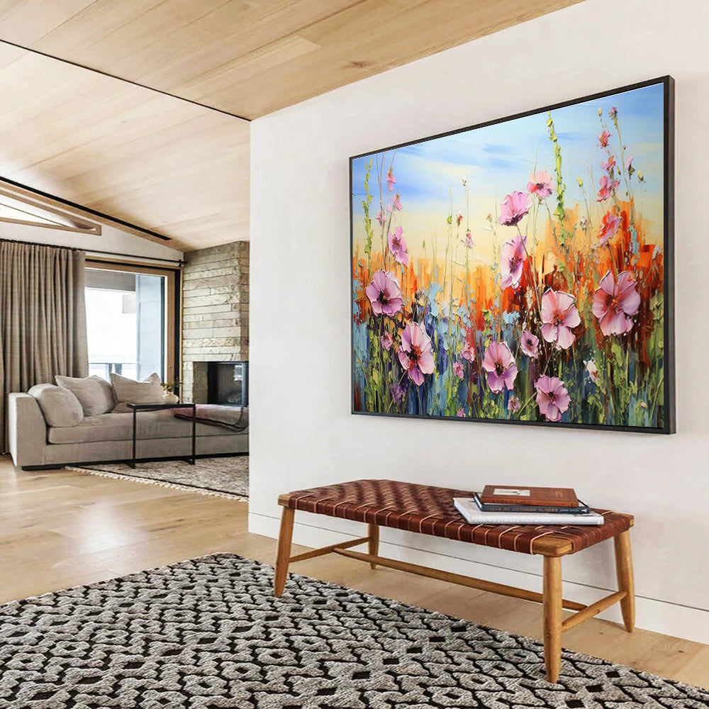 Colorful Flower Field Oil Painting for Countryside Café Dining Areas DLZ3287