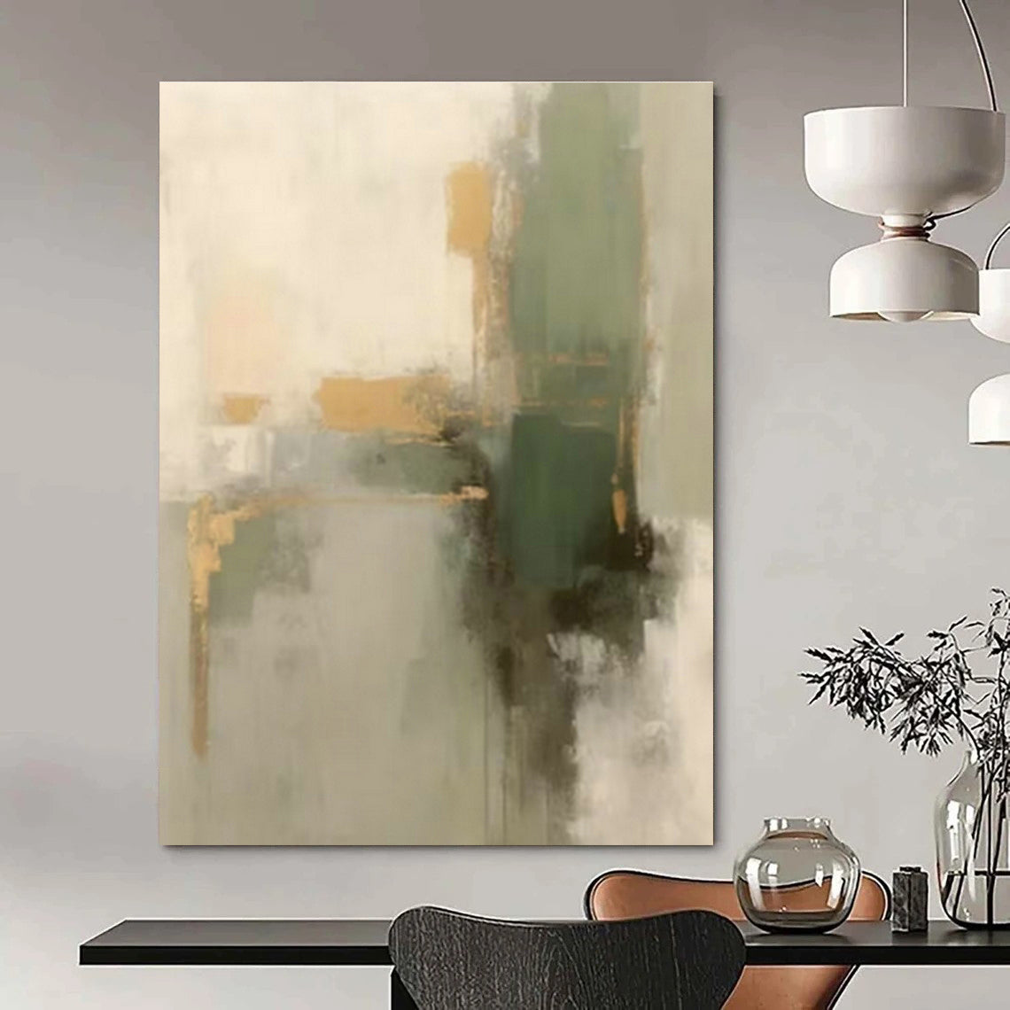 Gold - Green Abstract Art for Glamorous Dining Room & Boutique Hotel Suite DLZ0836