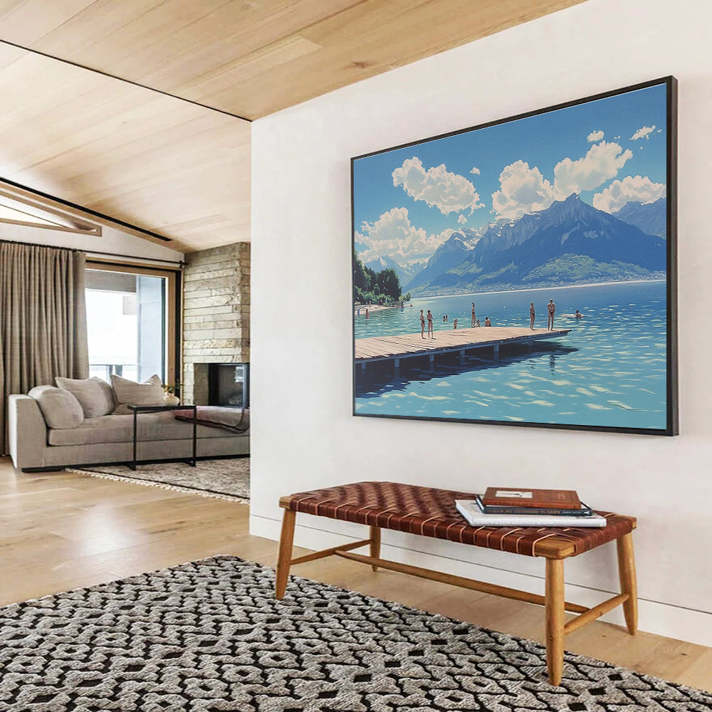 Lakeside Summer Scene Art for Coastal Home Living Room & Travel Agency Waiting Area SC472