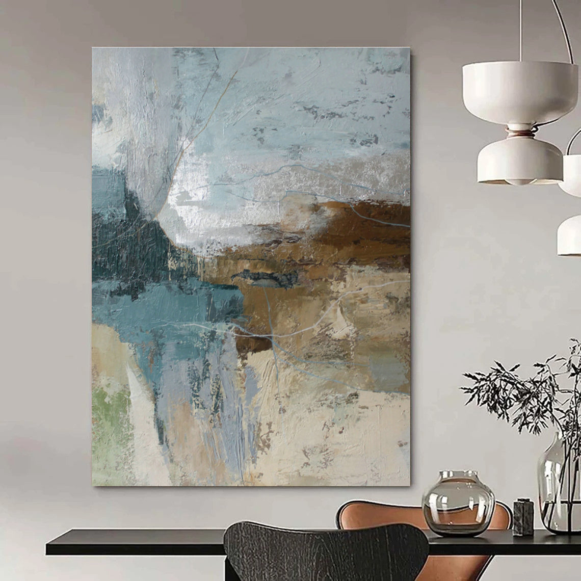Blue, Brown, and Gray Abstract Art for Lakeside Cabin Living Room & Outdoor Adventure Club DLZ1019