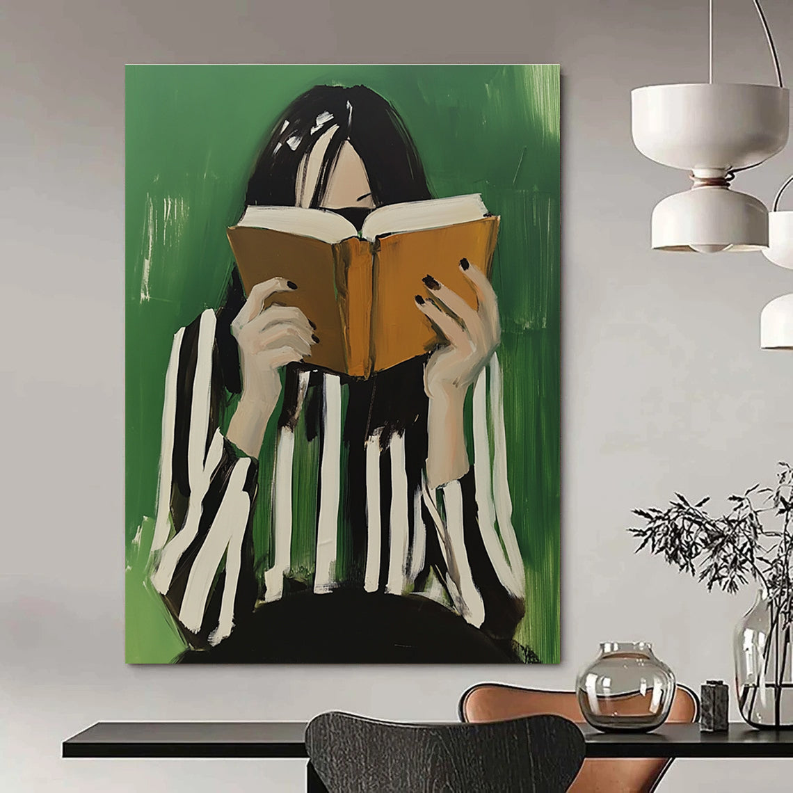 Woman Reading with Striped Top for Study Room & Bookstore Café STSC1265