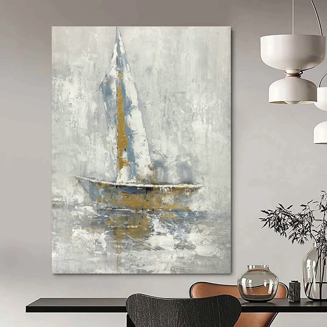 Gold - Silver - Grey Sailboat Art for Living Room & Study DLZ0470