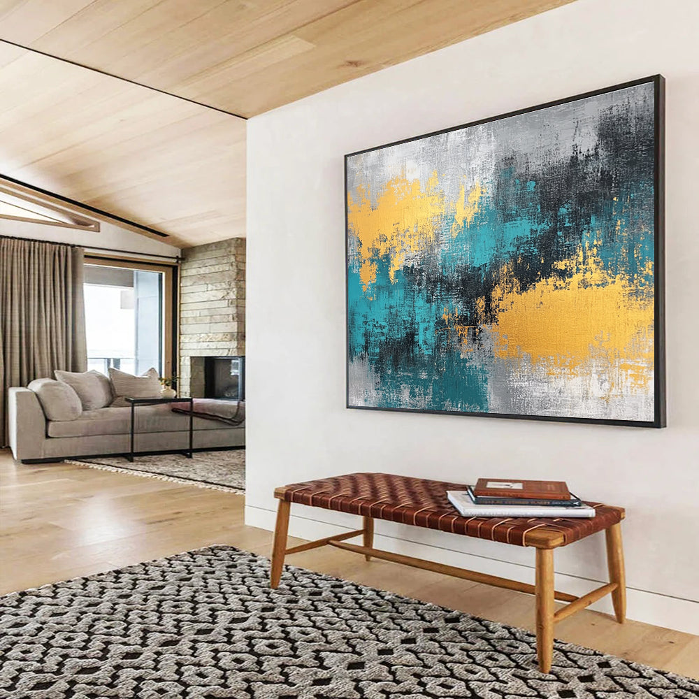 Gray - Teal - Gold Abstract Art for Modern Office Reception & Luxury Home Living Room SC260