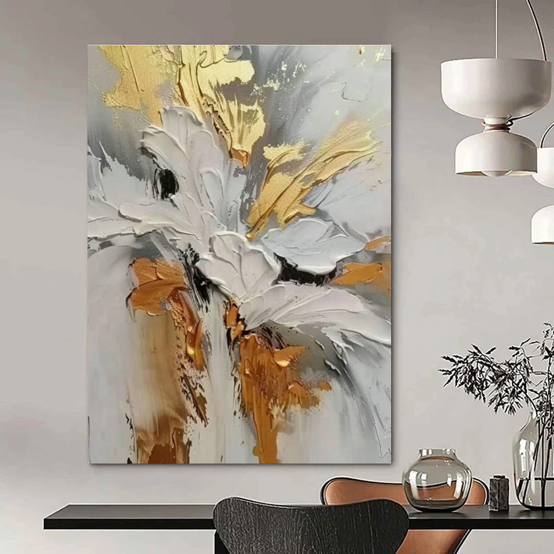 Gold - Accented Flower Art for Luxury Hotel Lobby & Upscale Dining Room DLZ1393