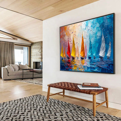 Colorful Sailboats Palette Knife Art for Nautical - Themed Yacht Club Dining Rooms DLZ3184