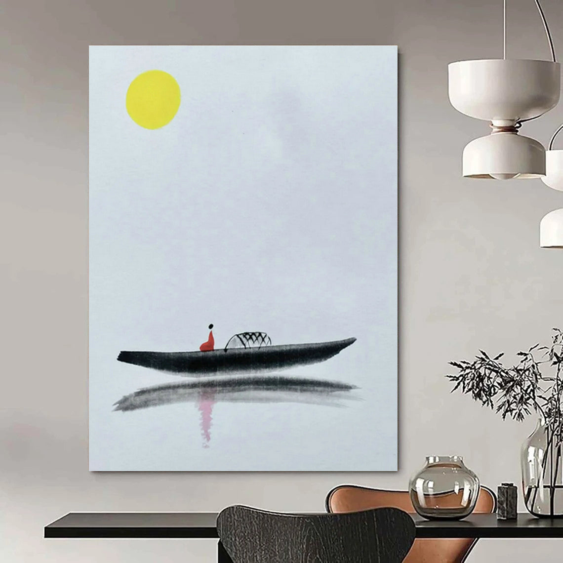 Ink - Wash Boat Art for Asian - Inspired Restaurant & Zen Garden Pavilion DLZ1786