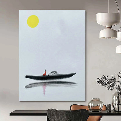 Ink - Wash Boat Art for Asian - Inspired Restaurant & Zen Garden Pavilion DLZ1786