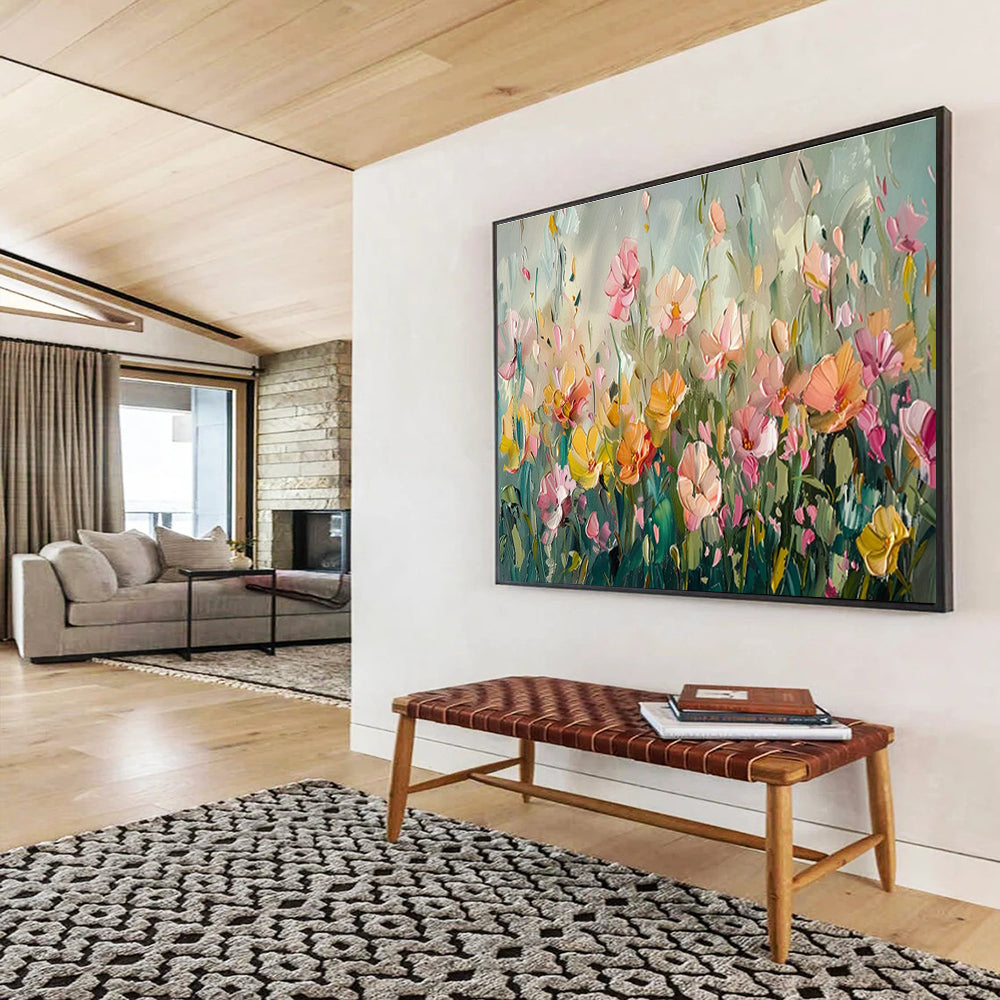 Soft - Toned Flower Field Oil Painting for Serene Bedroom Retreats DLZ3093