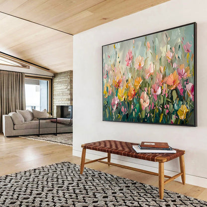 Soft - Toned Flower Field Oil Painting for Serene Bedroom Retreats DLZ3093