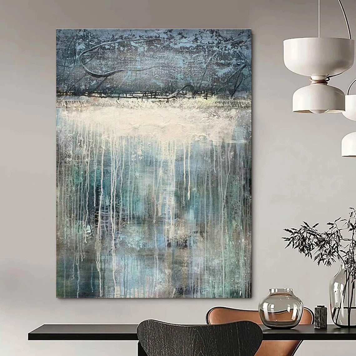 Blue - White Drip Abstract Art for Bohemian - Style Gallery & Serene Meditation Room DLZ0764