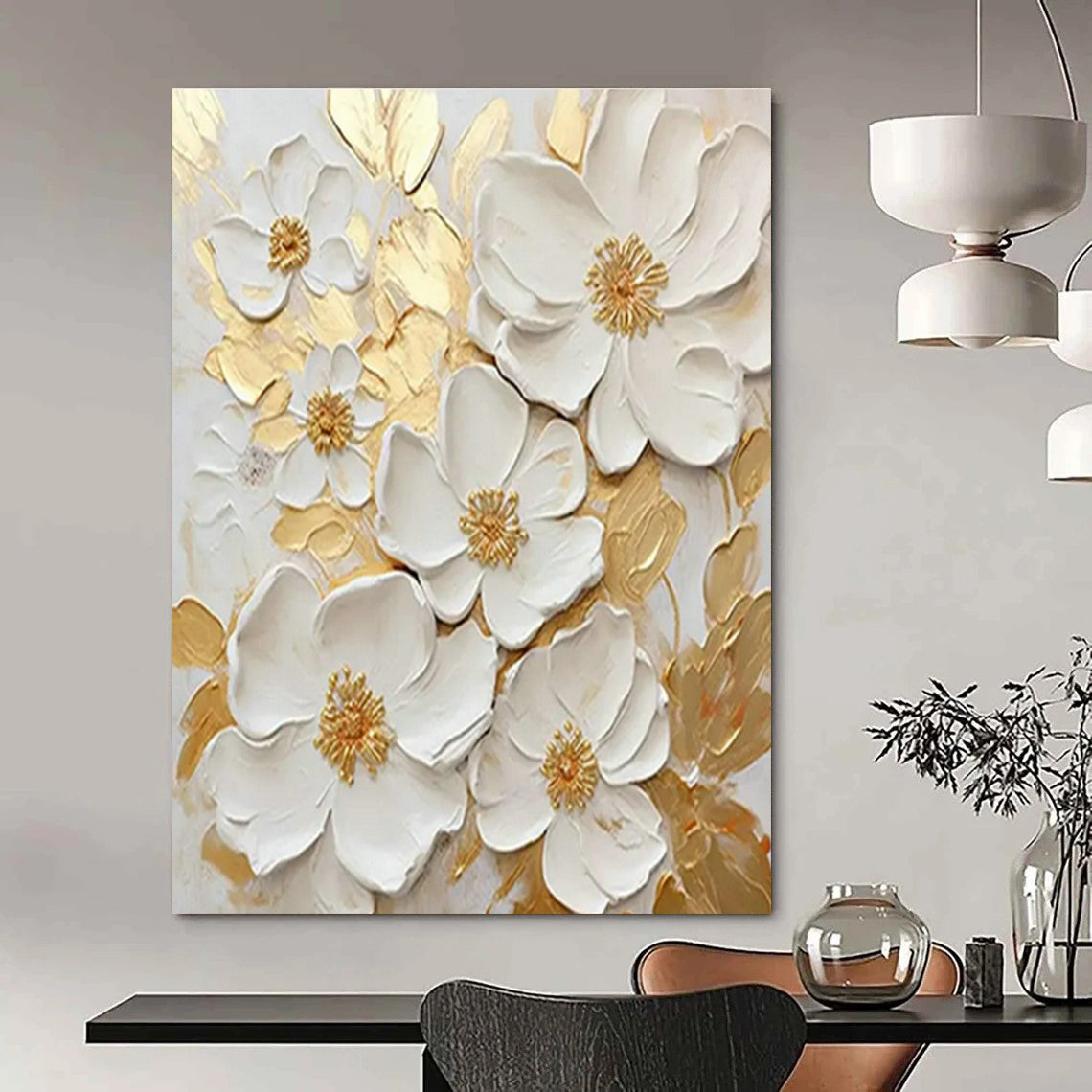 3D Floral Gold - White Art for Luxury Wedding Venue & Elegant Home Entryway DLZ1503