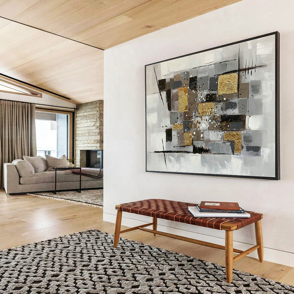 Gold - Grey Geometric Collage Art for Contemporary Study DLZ2737