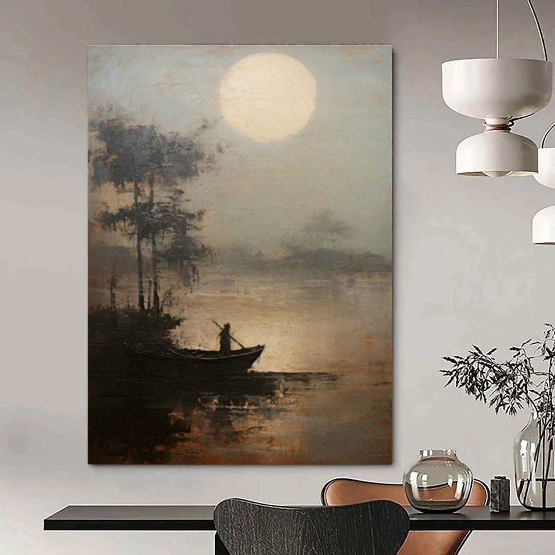 Moonlit Boat Oil Painting for Coastal Bedroom & Zen Meditation Space DLZ0851