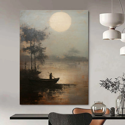Moonlit Boat Oil Painting for Coastal Bedroom & Zen Meditation Space DLZ0851