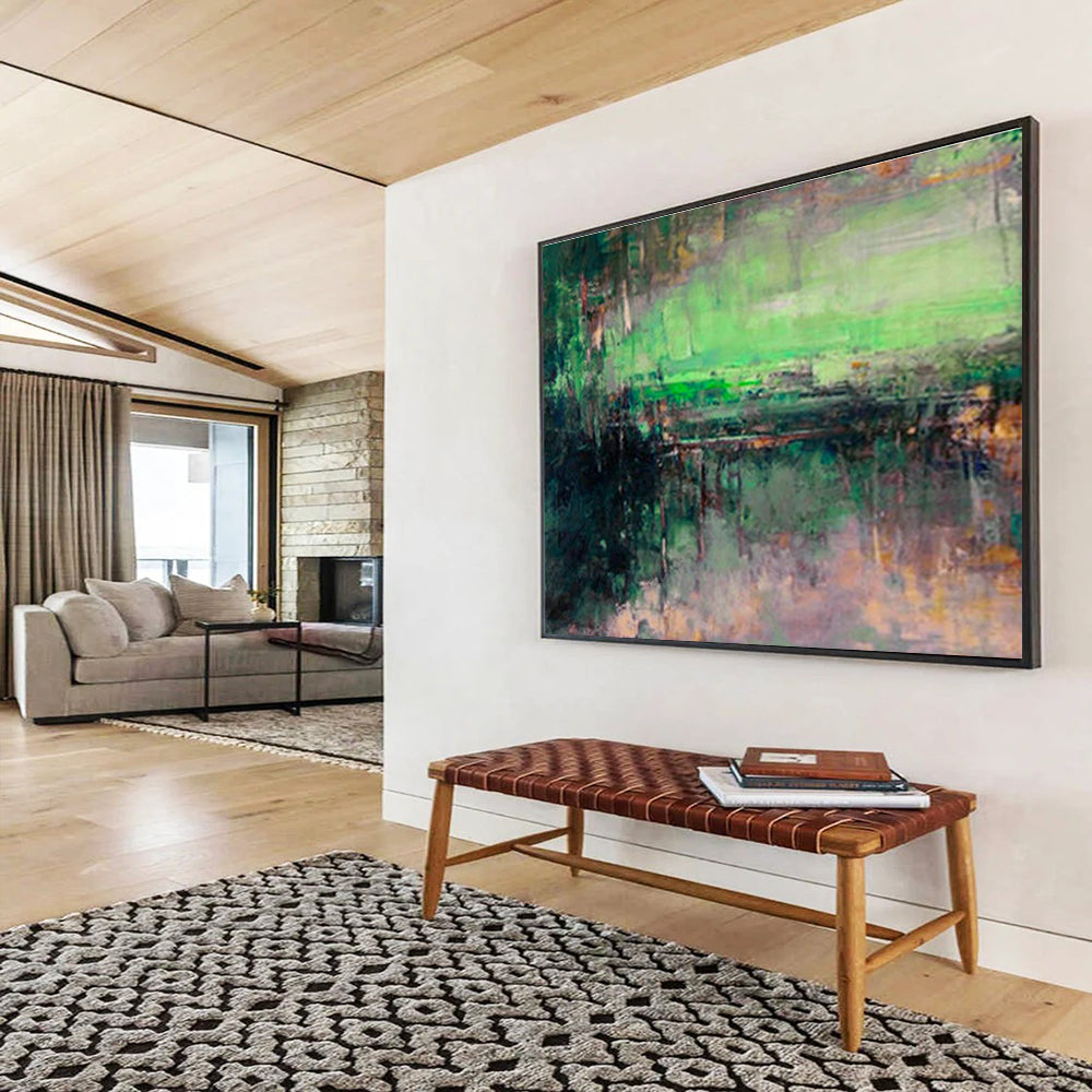 Green - Toned Lakeside Abstract Art for Serene Reading Nook DLZ2779