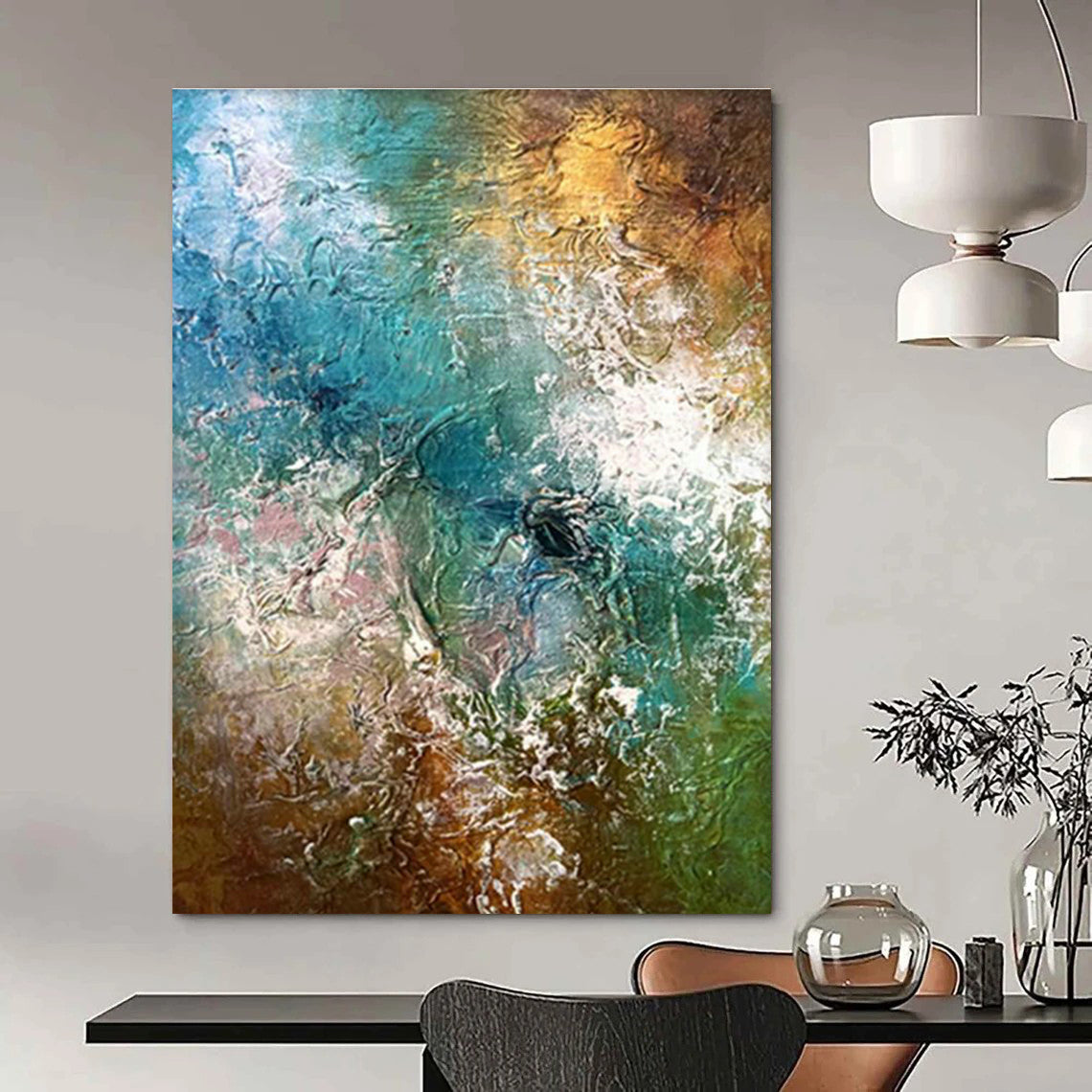 Blue - Green - Gold Abstract Art for Tropical - Themed Resort Spa Relaxation Rooms DLZ0006