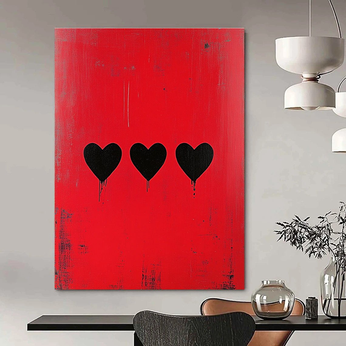 Three Black Hearts on Red for Romantic Lounge & Eclectic Home Bar STSC1164