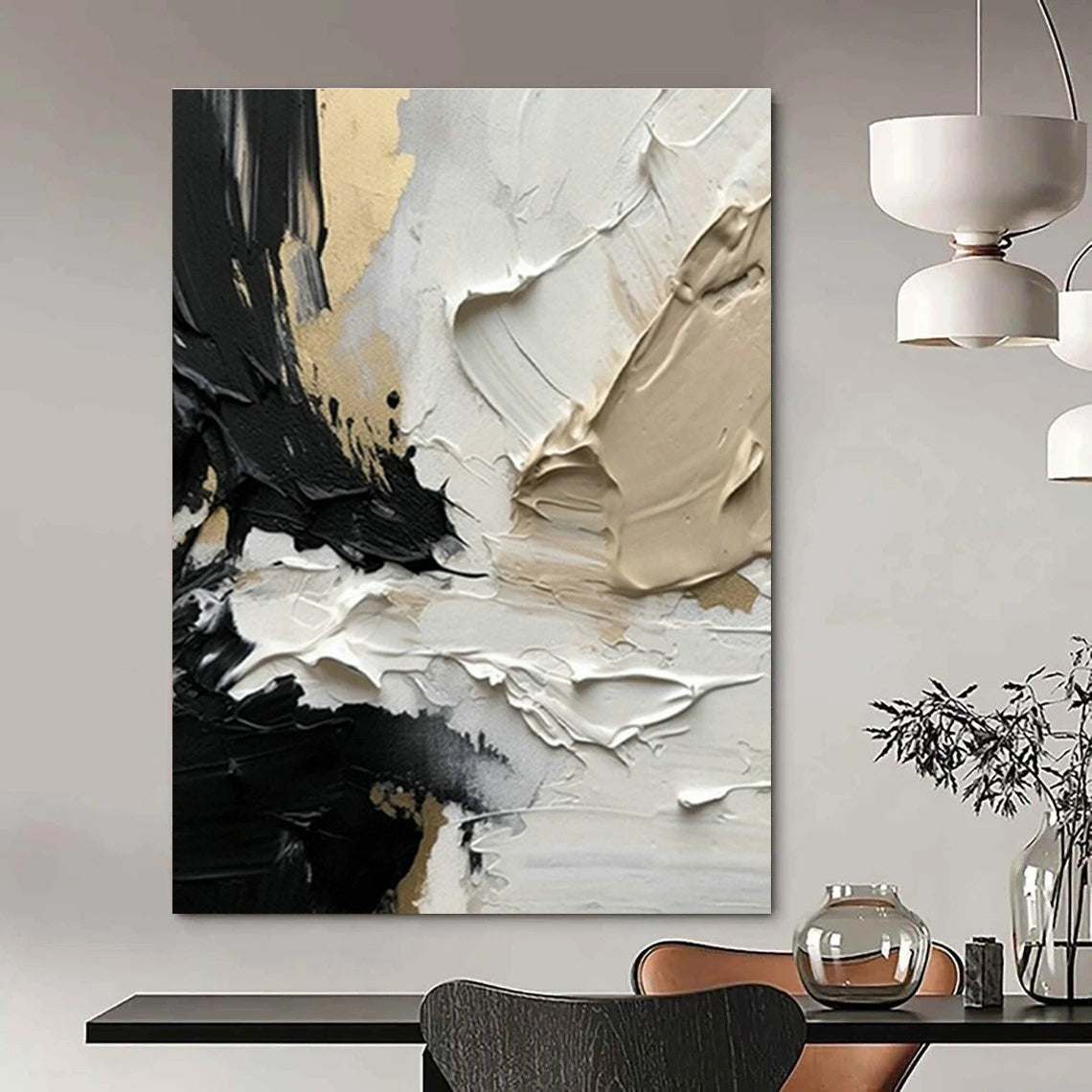 Black, Gold & Cream Abstract Art for Luxury Penthouse Living Room & High - End Jewelry Store DLZ1032