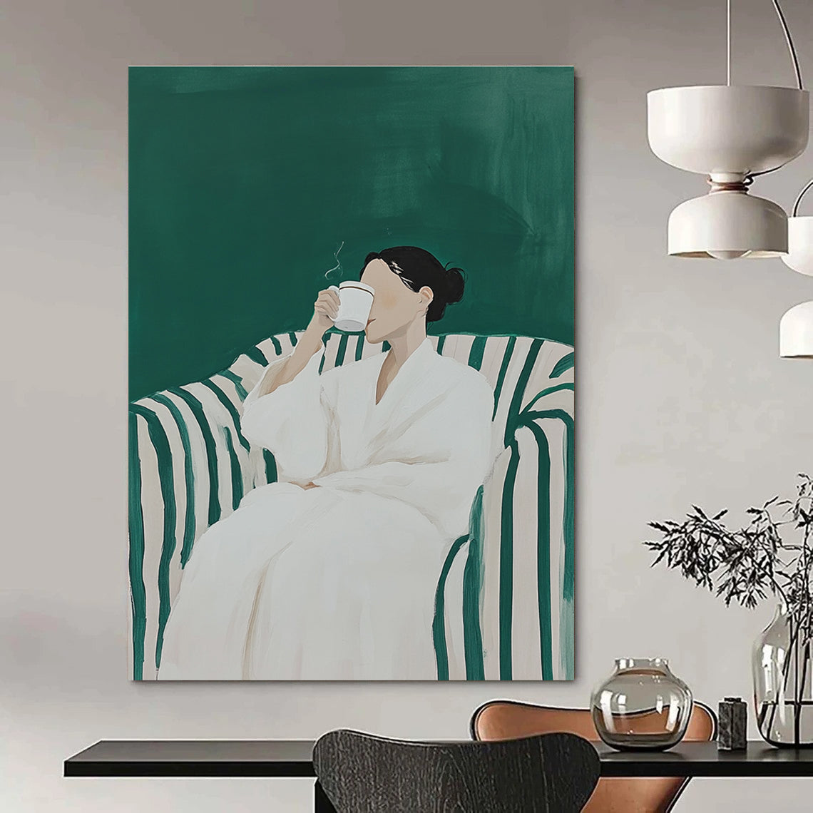 Woman in White Robe Drinking for Cozy Reading Nook & Modern Wellness Space STSC1122